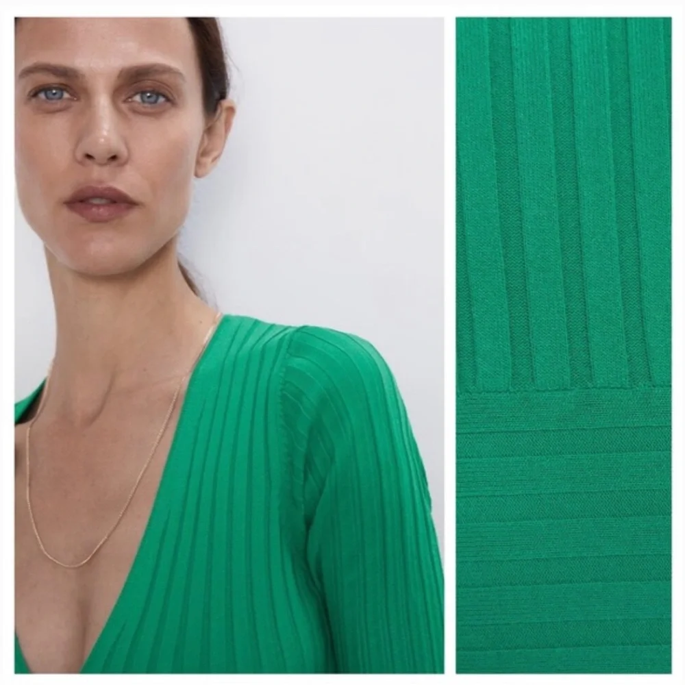 NWT. Zara Green Ribbed Knit Midi Dress. Size M - Picture 4 of 8
